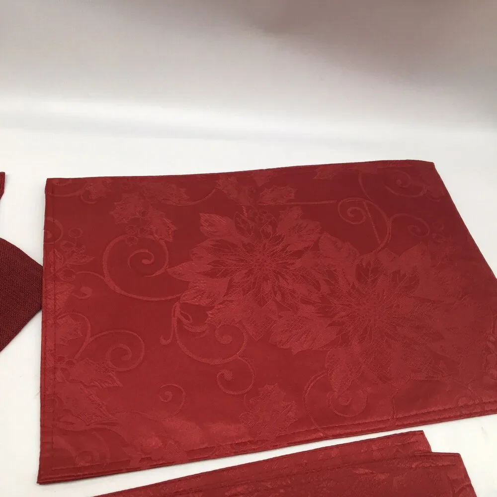 Red Placemats Lot Of 8 And 2 Napkins Woven + Embossed Floral Holiday Everyday